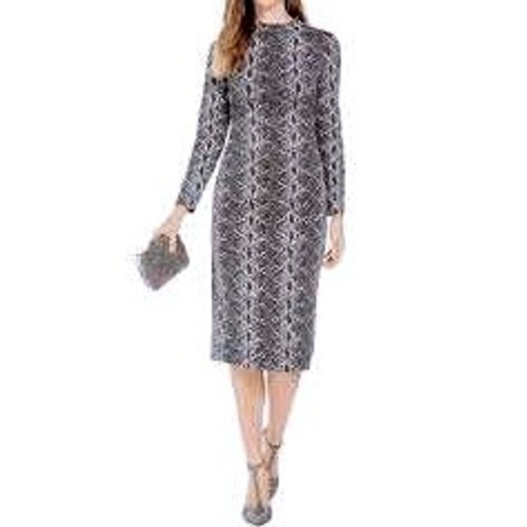 INC Metallic Snake Print Sheath Dress Long Sleeve Mock Neck Stretch Size 8‎
